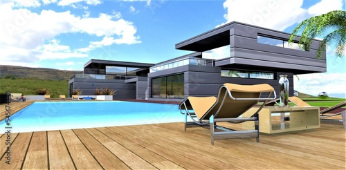 Wonderful country house. Elite decking as a floor covering around the pool. Comfortable beige sun loungers. 3d rendering. photo