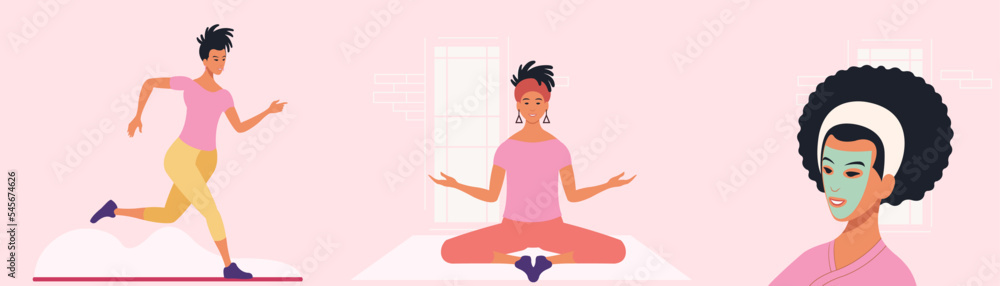 Black woman running, doing the lotus posture in yoga and a cleansing face mask. Skincare, treatment, relaxation concept.