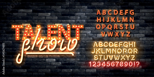 Vector realistic isolated neon marquee text of Talent Show logo with easy to change alphabet font on the wall background.