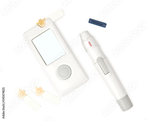 Blood glucose meter, test strip isolated on white background
