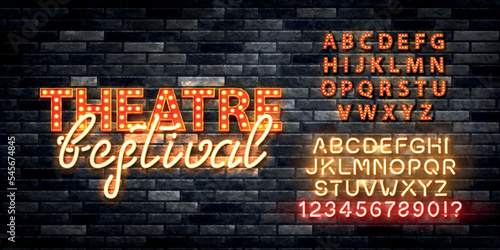 Vector realistic isolated retro marquee billboard with electric light lamps of Theatre Festival logo with alphabet font on the wall background.