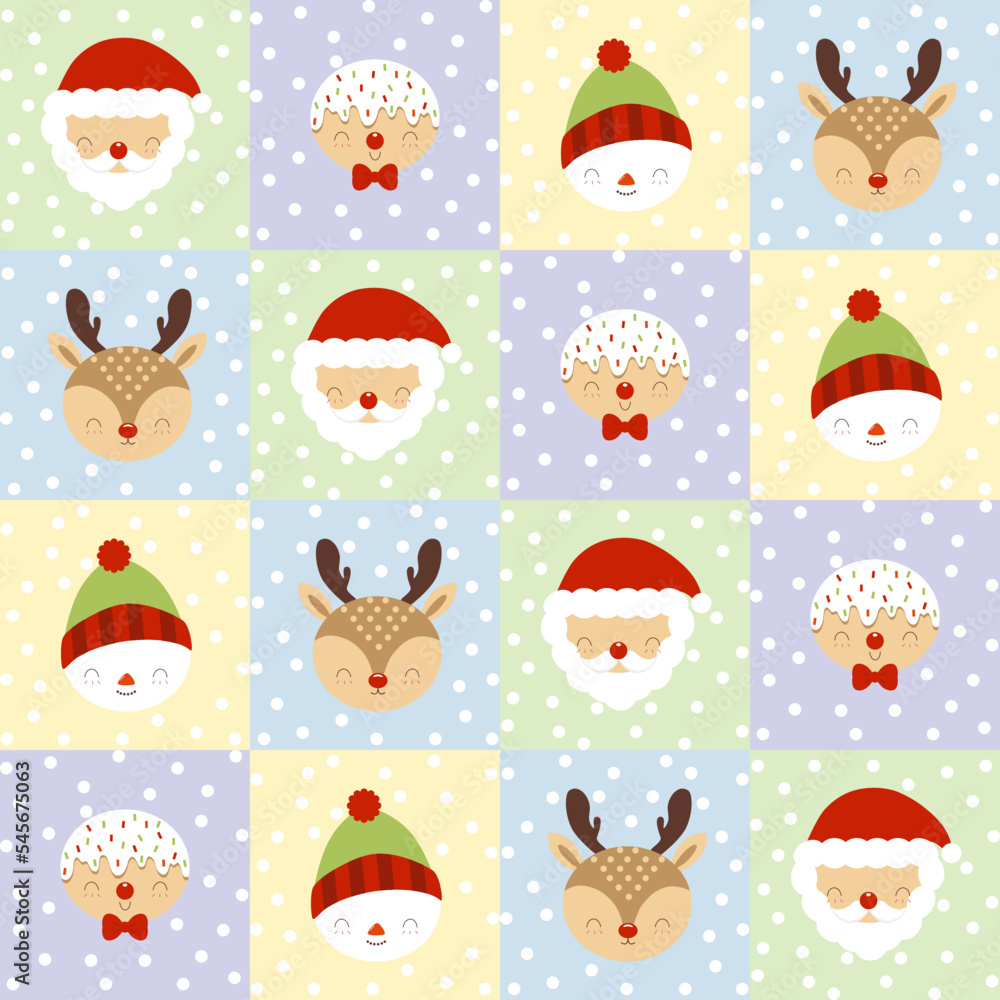 Seamless cute winter Merry Christmas and Happy New Year pattern on colorful background with cartoons of Santa Claus, reindeer, snowman, gingerbread and snow for wallpaper, wrapping paper or decoration