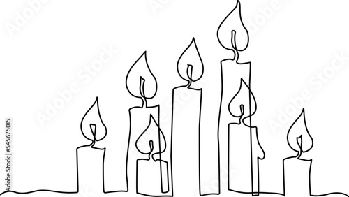 Burning candles. Christmas decoration. Attribute of a romantic evening. Divination by candlelight. Continuous line drawing. Vector illustration