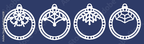 Set of laser cut Christmas balls with a snowflake cut out of paper. Sample template for Christmas party invitation, for Christmas card. For printing, laser or plotter cutting, screen printing. Vector 