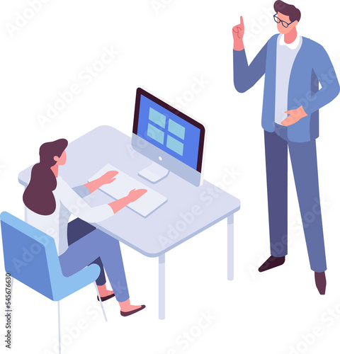 Boss, Leader. Computer working isometric people. Office life illustration