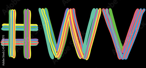 WV Hashtag. Multicolored bright isolate curves doodle letters like from marker, oil paint. #WV is abbreviation for the USA state West Virginia for social network, web resources, mobile apps.