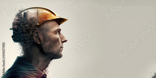 Future building construction engineering project devotion with double exposure graphic design. Building engineer, architect people or construction worker working with modern civil equipment technology