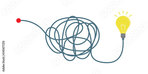 Overcoming obstacles. Brainstorming, thinking about problem solving and business solution searching challenge concept. Idea bulb, complex way. Hand drawn doodle chaos path line.