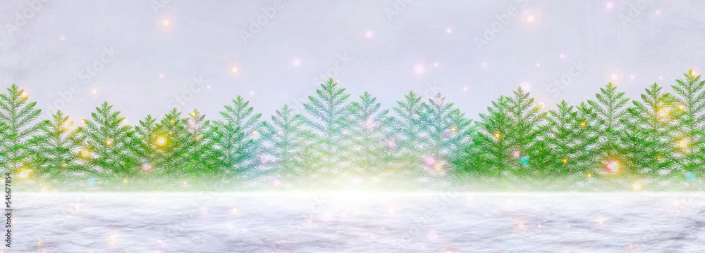 Christmas Tree Branches, decoration on white background, an Evergreen tree with colorful lights, Festive border, frame, For holiday banners, party posters, winter season, New Year