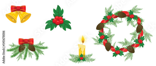 Christmas items set - golden bells with red bow, poinette, christmas wreath with ribbon and cones, burning candle
