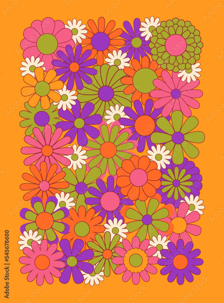 Vintage 1970s floral poster. 1960s nostalgic groovy flat vector illustration. Hippie fun background. Retro flower power gift card template.
