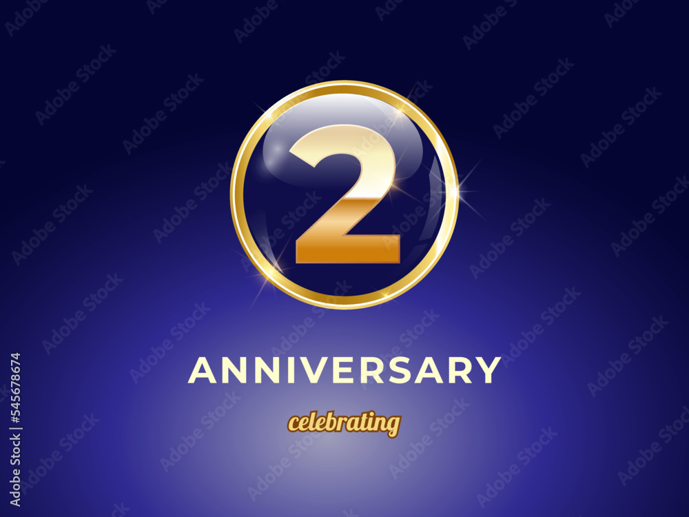 Vector graphic of 2 years golden anniversary logo with round blue glossy button with gold ring frame on dark blue gradient background. Good design for Congratulation celebration event, birthday, etc. Vector graphic of 2 years golden anniversary logo with round blue glossy button with gold ring frame on dark blue gradient background. Good design for Congratulation celebration event, birthday, etc.