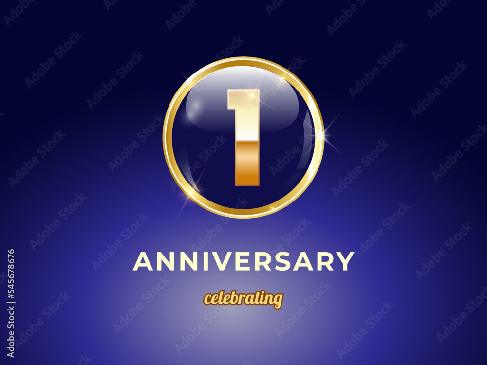 Vector graphic of 1st year golden anniversary logo with round blue glossy button with gold ring frame on dark blue gradient background. Good design for Congratulation celebration event, birthday, etc. Vector graphic of 1st year golden anniversary logo with round blue glossy button with gold ring frame on dark blue gradient background. Good design for Congratulation celebration event, birthday, etc.