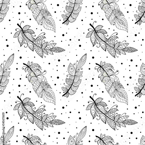Graphic creative feather seamless pattern. Black and white vector artistic illustration.