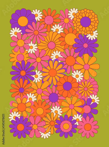 Vintage 1970s floral poster. 1960s nostalgic groovy flat vector illustration. Hippie fun background. Retro flower power gift card template.