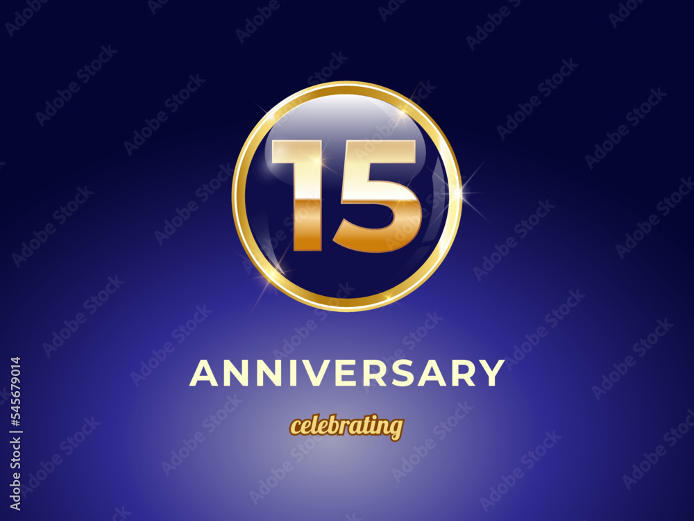 Vector graphic of 15 years golden anniversary logo with round blue glossy button with gold ring frame on dark blue gradient background. Good design for Congratulation celebration event, birthday, etc. Vector graphic of 15 years golden anniversary logo with round blue glossy button with gold ring frame on dark blue gradient background. Good design for Congratulation celebration event, birthday, etc.