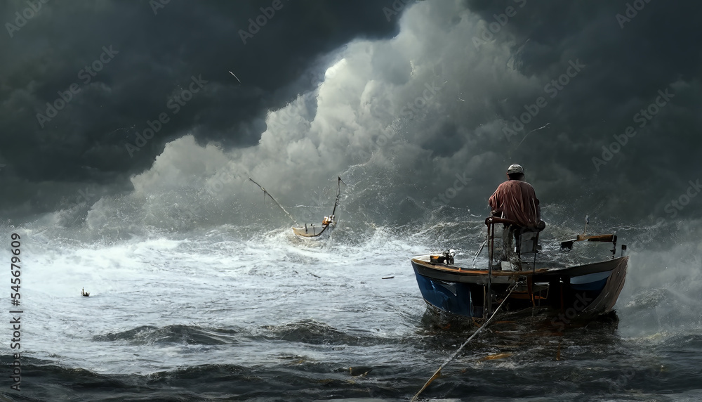Naklejka premium Fisherman on a sunken boat at storm. Saving of fisherman boat at huge storm. Ship in the storm tempest.