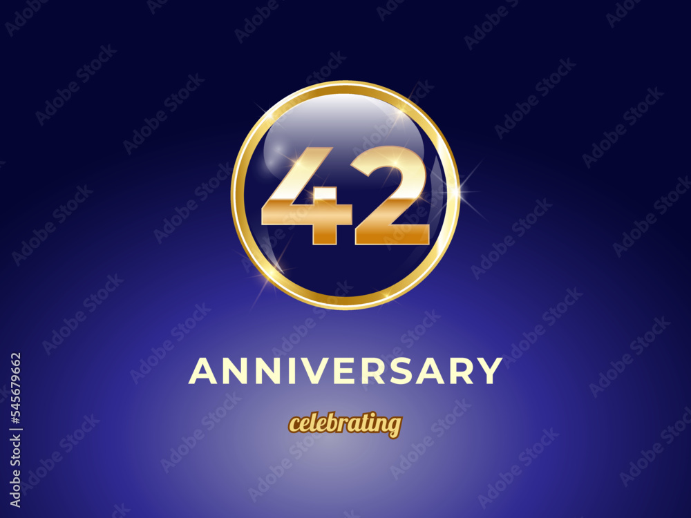Vector graphic of 42 years golden anniversary logo with round blue glossy button with gold ring frame on dark blue gradient background. Good design for Congratulation celebration event, birthday, etc. Vector graphic of 42 years golden anniversary logo with round blue glossy button with gold ring frame on dark blue gradient background. Good design for Congratulation celebration event, birthday, etc.