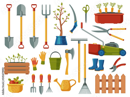 Gardening equipment. Abstract cartoon garden tools with pitchfork spade watering can trowel gloves shovel rake, agriculture farming symbols. Vector set