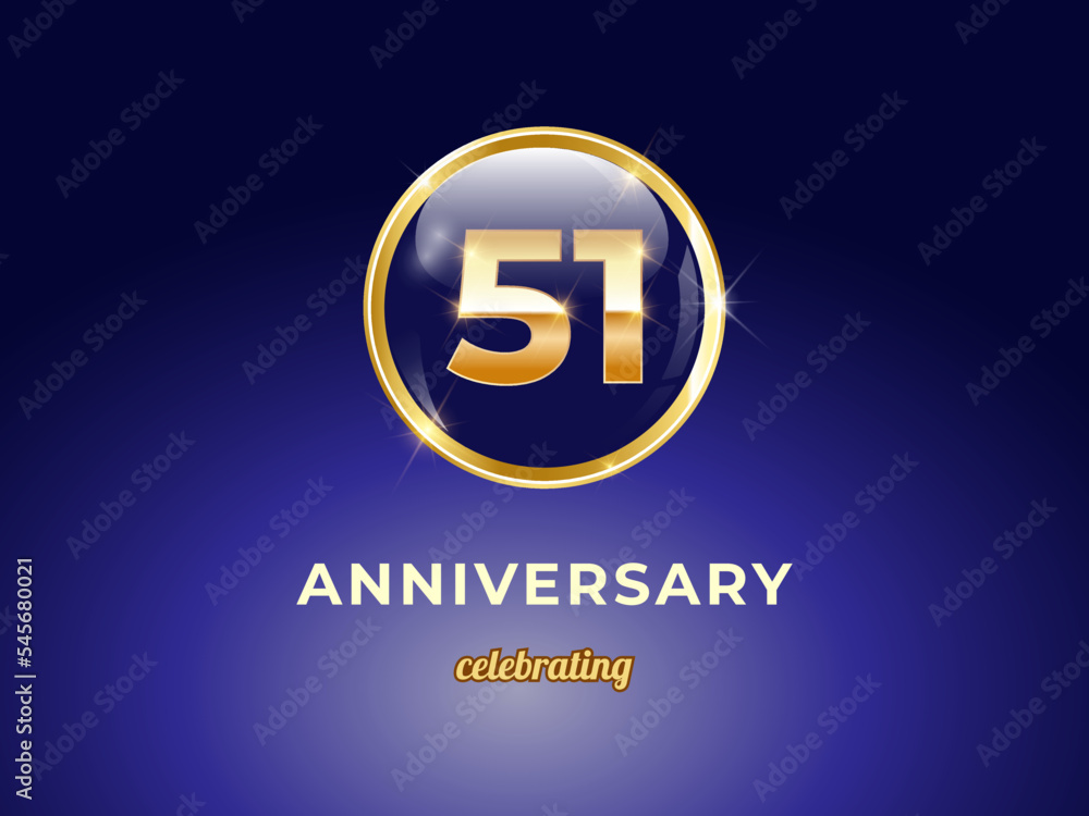 Vector graphic of 51 years golden anniversary logo with round blue glossy button with gold ring frame on dark blue gradient background. Good design for Congratulation celebration event, birthday, etc.