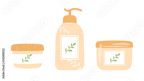 Set of hand drawn natural cosmetics packaging - dispenser bottle, face and body cream jars with leaves branches. Flat cartoon vector illustration. Concept of organic cosmetics and skin care routine