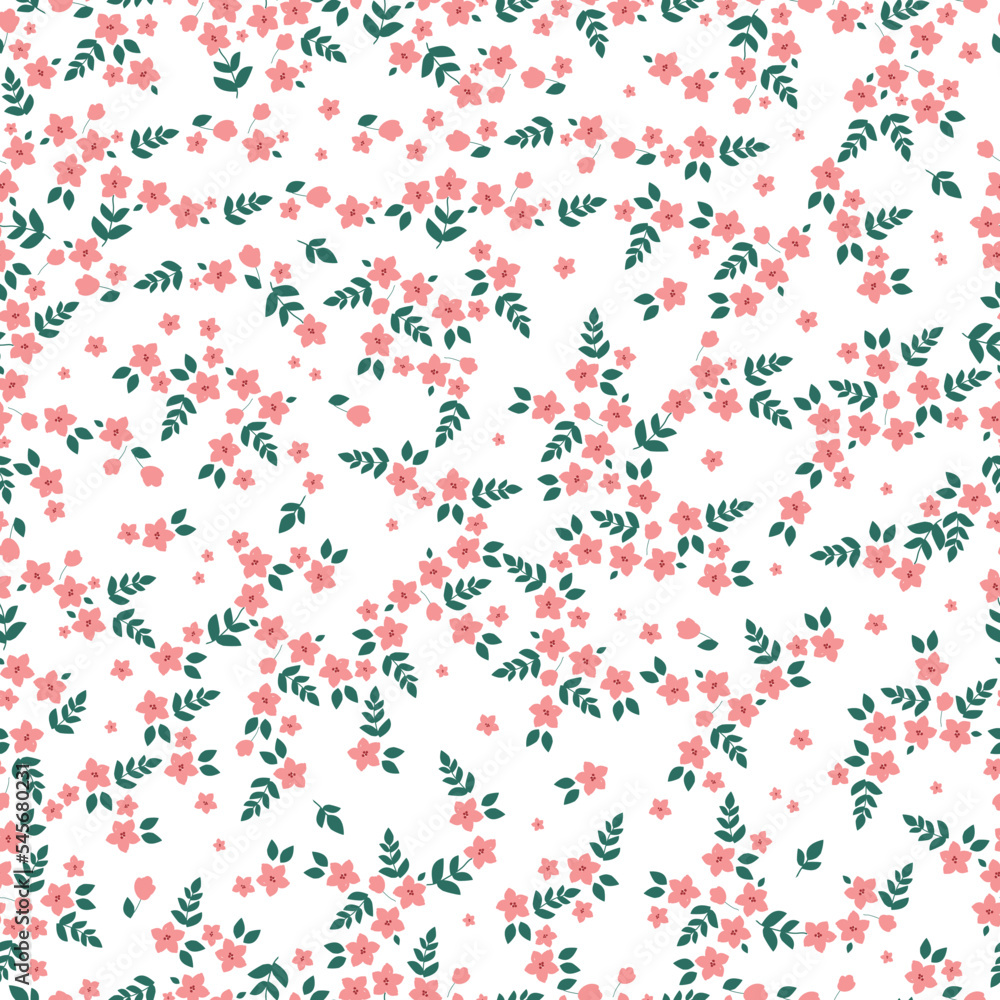 Cute floral pattern. Seamless vector texture. An elegant template for fashionable prints. Print with small pink flowers, green leaves. white background. Cute floral pattern. Seamless vector texture. An elegant template for fashionable prints. Print with small pink flowers, green leaves. white background.