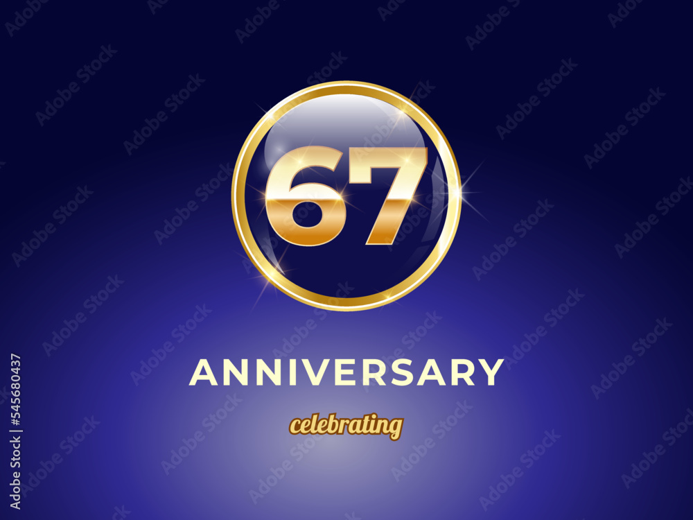 Vector graphic of 67 years golden anniversary logo with round blue glossy button with gold ring frame on dark blue gradient background. Good design for Congratulation celebration event, birthday, etc.