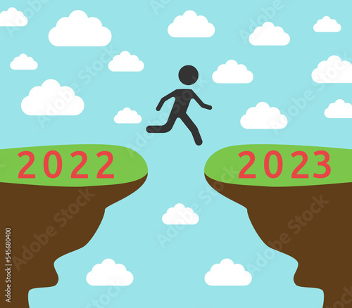 Man jumping from 2022 on 2023. Time, New Year, beginning, milestone, challenge and overcoming obstacles concept. Flat design. Vector illustration. EPS 8, no gradients, no transparency