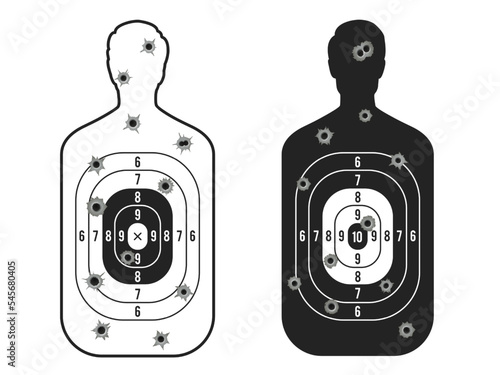 Shot target. Human silhouette with bullet circular holes, military props of hitman shape with gunshot outlet for weapon practice training. Vector isolated illustration