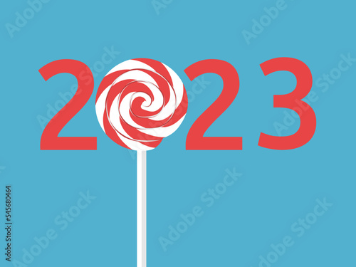 2023 text with lollipop on stick. New Year, fun, Christmas, holiday, party and celebration concept. Flat design. Vector illustration. EPS 8, no gradients, no transparency