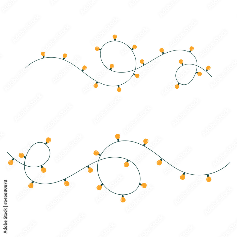 Set of doodle garland. Christmas lights. Holiday festive xmas decoration. Colorful string fairy light set. Lightbulb glowing garland. Flat design. White background. Isolated. Vector illustrtion
