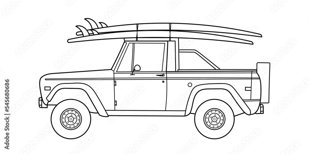 Off-road SUV side view, surfboards on the roof. Doodle vector illustration