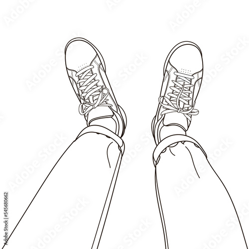 Sketch of selfie of feet in classic sneakers boots shoes and tight jeans or chinos, Top view, Line art style hand drawn doodle vector illustration.
