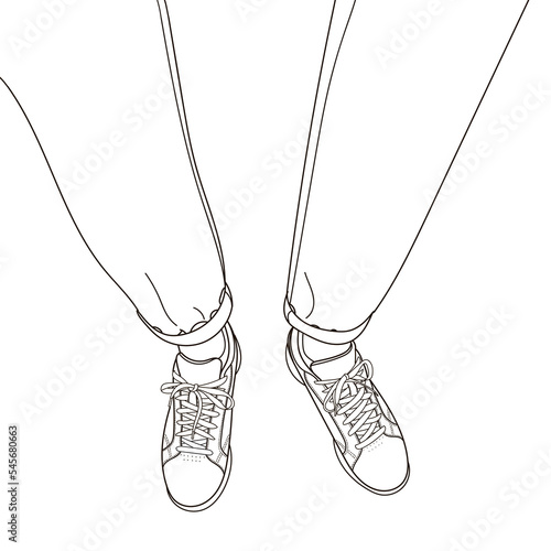 Sketch of selfie of feet in classic sneakers boots shoes and tight jeans or chinos, Top view, Line art style hand drawn doodle vector illustration.