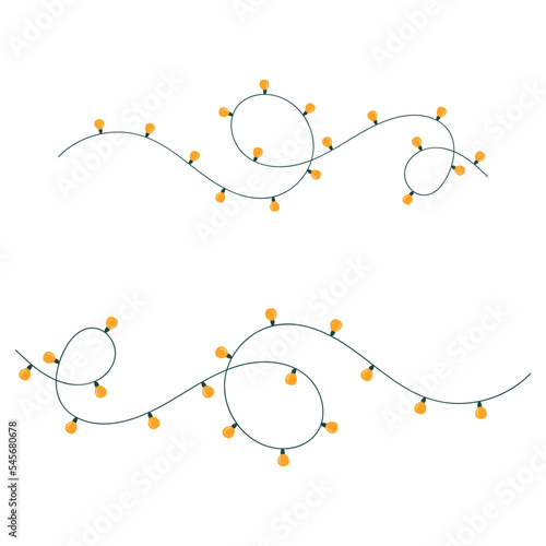 Set of doodle garland. Christmas lights. Holiday festive xmas decoration. Colorful string fairy light set. Lightbulb glowing garland. Flat design. White background. Isolated. Vector illustrtion
