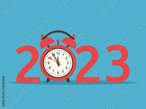 New Year 2023 text with red clock on blue background. Celebration, holiday eve, and midnight time waiting concept. Flat design. Vector illustration. EPS 8, no transparency