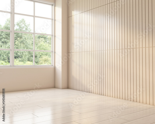 Japandi style empty room decorated with wood wall and wood floor. 3d rendering 
