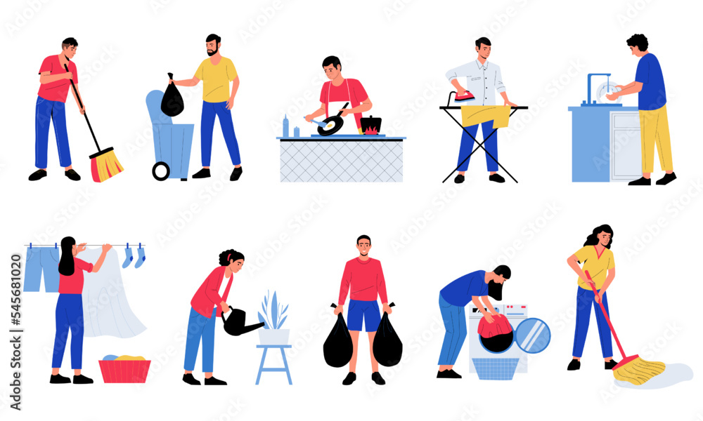 People doing housework. Men woman characters cooking dishes watering flowers cleaning up doing housework chores. Vector cartoon isolated set