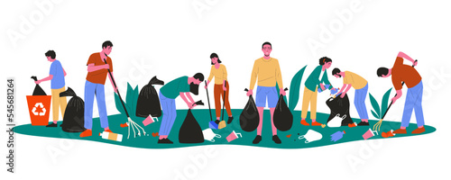 Volunteers cleaning up parks. Cartoon people characters collecting litter picking plastic waste raking garbage, eco voluntary activist. Vector flat illustration