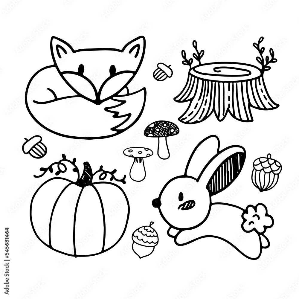 Fototapeta premium Nature hand drawn vector sketch. Collection of forest plants and animals. Mushroom, grass, hazelnuts, berries, fox, rabbit, pumpkin