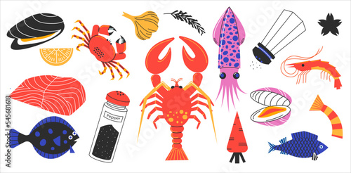 Abstract seafood. Fish shellfish product ingredients caviar salmon mussels shrimp codfish sprats cartoon style, healthy nutrition concept. Vector set