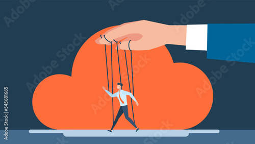 Man being controlled by puppet master. Business manipulator concept. Boss puppet abuse manipulations, employer domination exploitation, dictator control, authority manipulator. Vector illustration