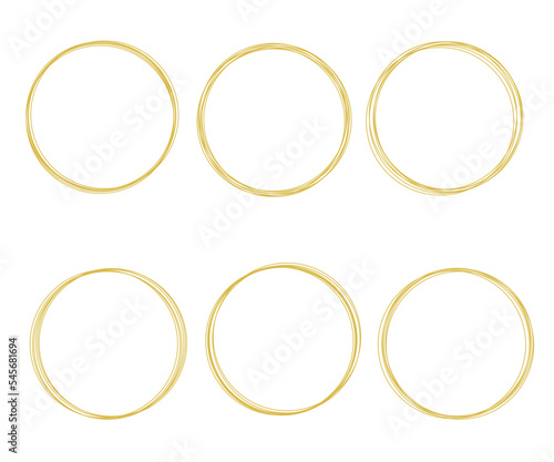 Golden round frame set. Round shape bordered on white background. Geometric line circle design element. Vector illustration.
