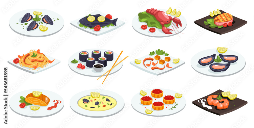 Seafood dishes. Festive fish meal asian japanese chinese traditional food cuisine, cartoon salmon steak crab meat sushi shrimp gourmet icons. Vector collection Seafood dishes. Festive fish meal asian japanese chinese traditional food cuisine, cartoon salmon steak crab meat sushi shrimp gourmet icons. Vector collection