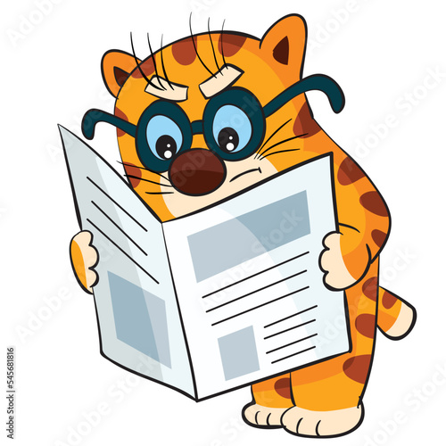 redhead krt in glasses reads a newspaper with a smart look, cartoon illustration, isolated object on a white background, vector,