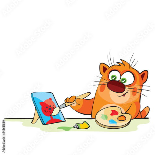 cute ginger cat sits at the table and draws a self-portrait on the canvas with paints, cartoon illustration, isolated object on a white background, vector,