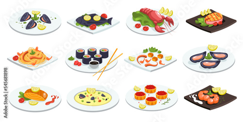 Seafood dishes. Festive fish meal asian japanese chinese traditional food cuisine, cartoon salmon steak crab meat sushi shrimp gourmet icons. Vector collection