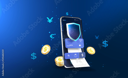 An application for online banking. Mobile phone payment with NFC technology and a high level of payment security. Protect the purchase of wireless payment via smartphone. digital payment technologies.