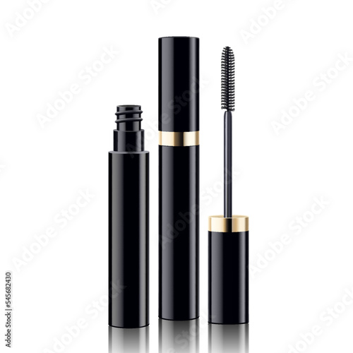 Mascara tube and a wand applicator. Cosmetic black bottle with eyelash brush. Isolated on white background. Realistic vector for web design, banners, posters, ad, advertising.