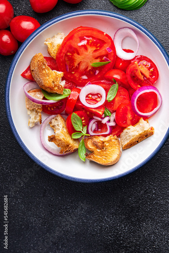 tomato salad panzanella bread, onion vegetable meal food snack on the table copy space food background top
